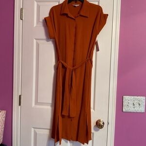 Casual Orange Midi Shirt Dress with Notched Collar